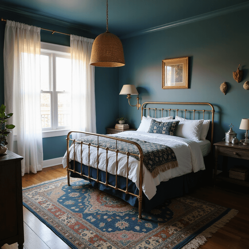 Moody bedroom featuring teal 'Ocean Abyss' walls, a brass-framed queen bed with white and navy linens, a vintage Persian rug, and dramatic lighting from a rattan shade lamp, all styled with coastal artifacts and weathered wood.