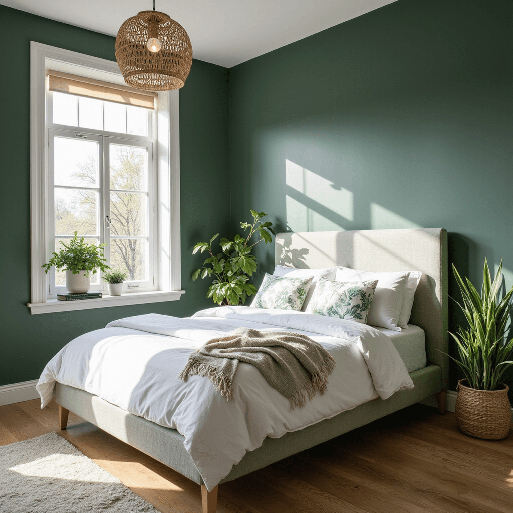 A bright bedroom with 'Willowleaf' green walls, featuring a platform bed with a sage linen headboard and botanical print bedding, potted plants by the windows, and a woven bamboo pendant light, shot from an elevated corner to showcase a blend of Scandinavian minimalism and biophilic design.