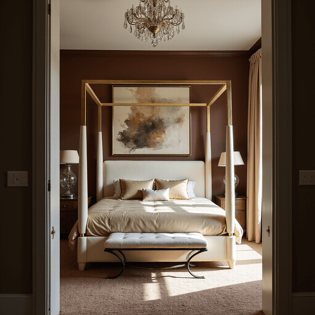A spacious 16x20ft bedroom with 'Char Brown' walls illuminated by afternoon light, featuring a four-poster bed with cream velvet upholstery and champagne silk bedding, oversized abstract art in gold frames, a crystal chandelier casting prismatic light, and a plush warm taupe carpet, all captured from the doorway to showcase depth and intentional shadow play, embodying modern glamour with classic undertones.