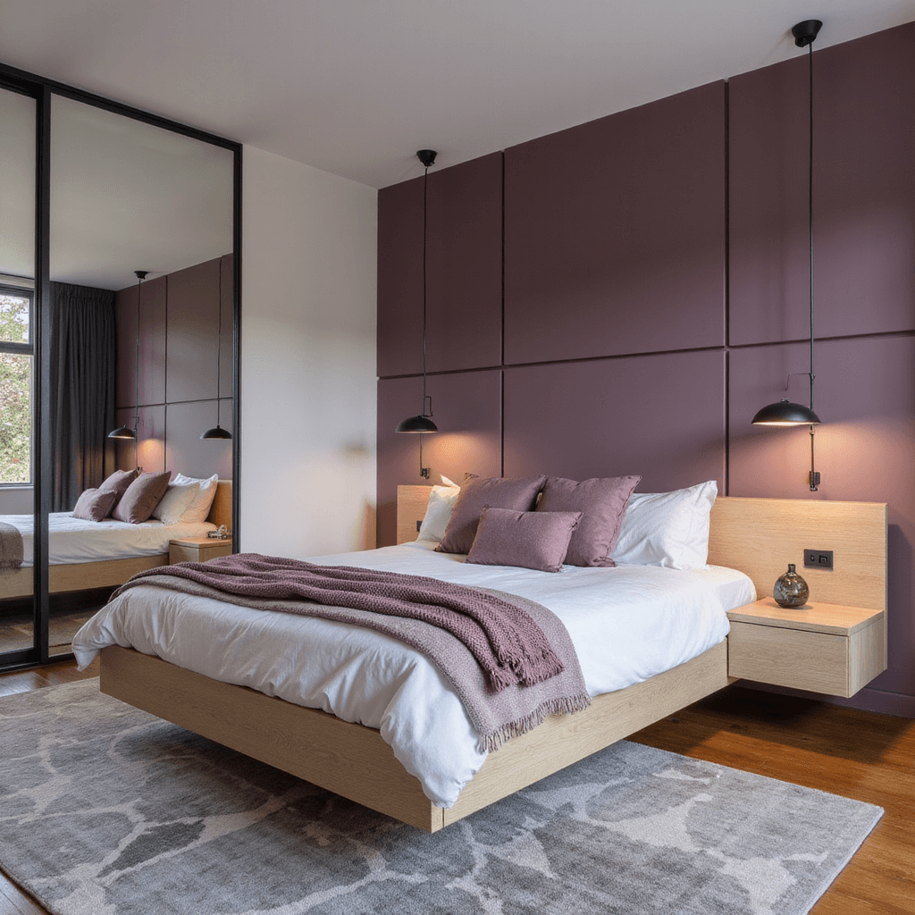 Contemporary bedroom featuring mauve purple color-blocked walls, a bleached oak platform bed with integrated nightstands, minimalist pendant lights, a geometric gray and mauve area rug, and floor-to-ceiling mirrors, all illuminated by diffused evening light.