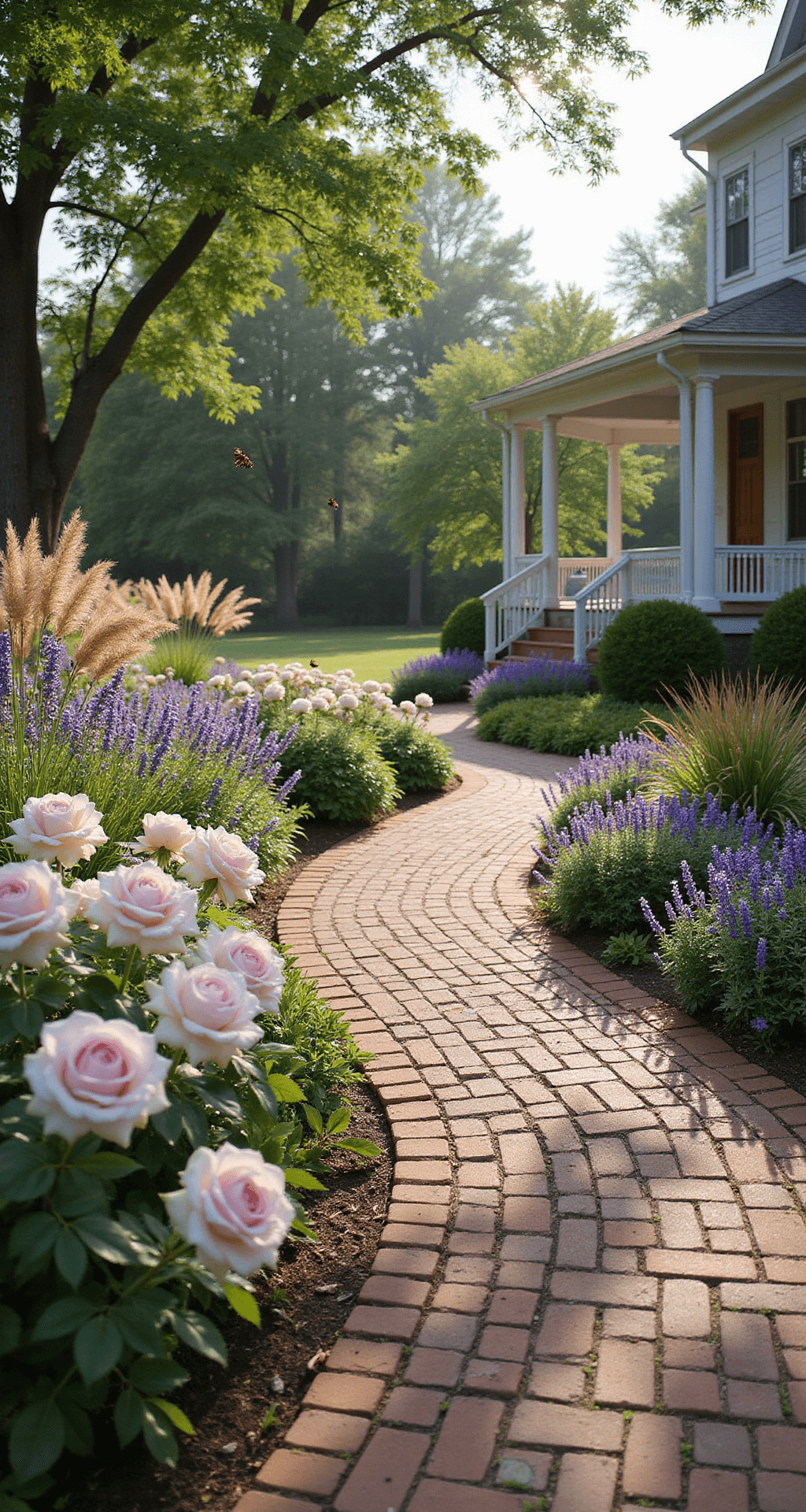 A charming cottage-style front yard featuring a winding brick pathway leading to a quaint porch, surrounded by lush flower beds of soft pink and white drift roses, purple coneflowers, and lavender, with ornamental grasses in the background. The scene is alive with butterflies and bees under soft, warm morning light filtering through trees, creating an inviting and whimsical atmosphere.