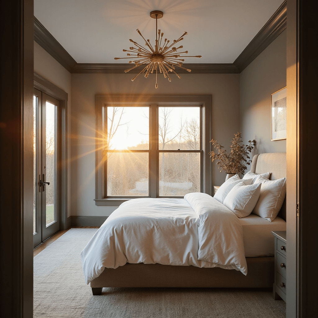A contemporary bedroom featuring a centered king bed with white linens, a modern sputnik chandelier, and warm greige walls, all illuminated by golden hour sunlight streaming through large windows.