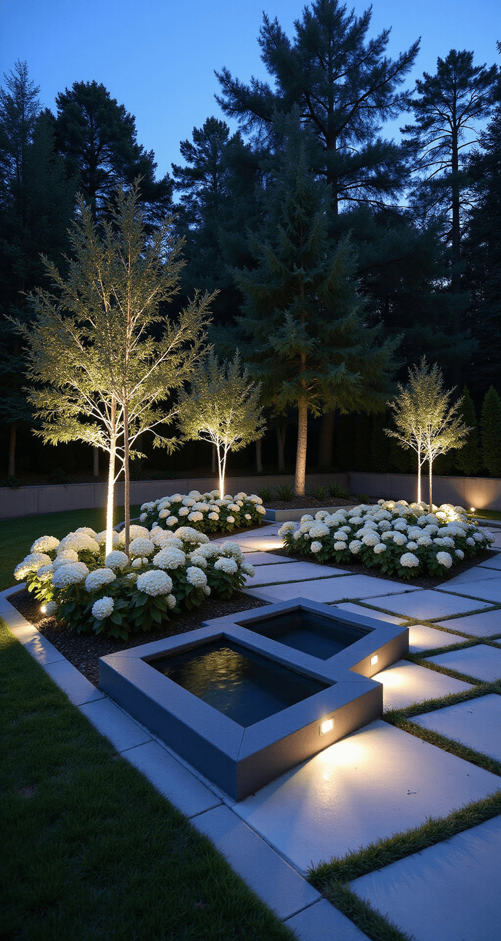 A modern front yard garden at twilight, featuring geometric beds of white hydrangeas and silvery ornamental grasses, illuminated by LED ground lights, with a sleek water feature reflecting the deep blue sky, showcasing sophistication and serenity.