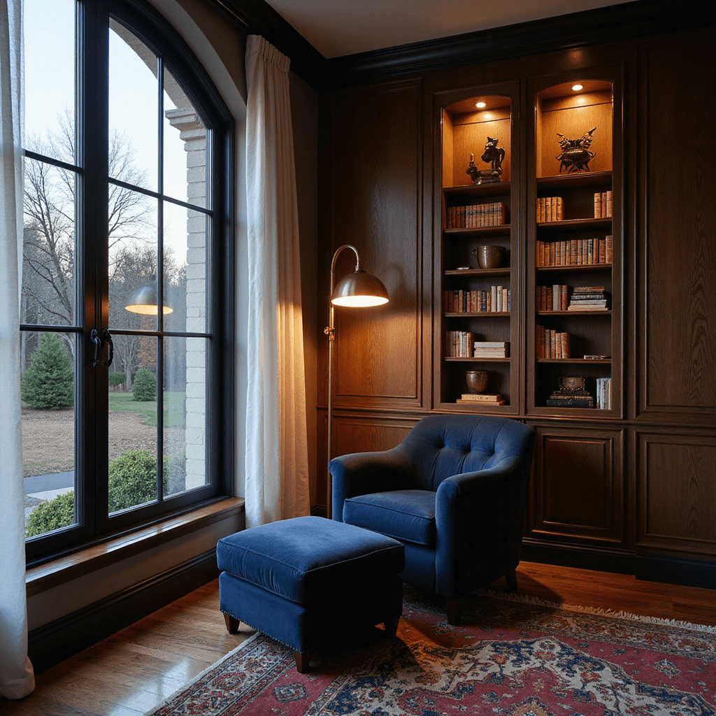 A cozy master bedroom corner reading nook at dusk, featuring an 8ft arched window with gauzy white curtains, a deep navy velvet reading chair, a sleek brass floor lamp, and a built-in bookshelf with integrated LED strips. Warm 2700K lighting enhances the intimate atmosphere, with rich walnut floors and a vintage Persian rug, shot from a low angle to emphasize the lamp's architectural form.