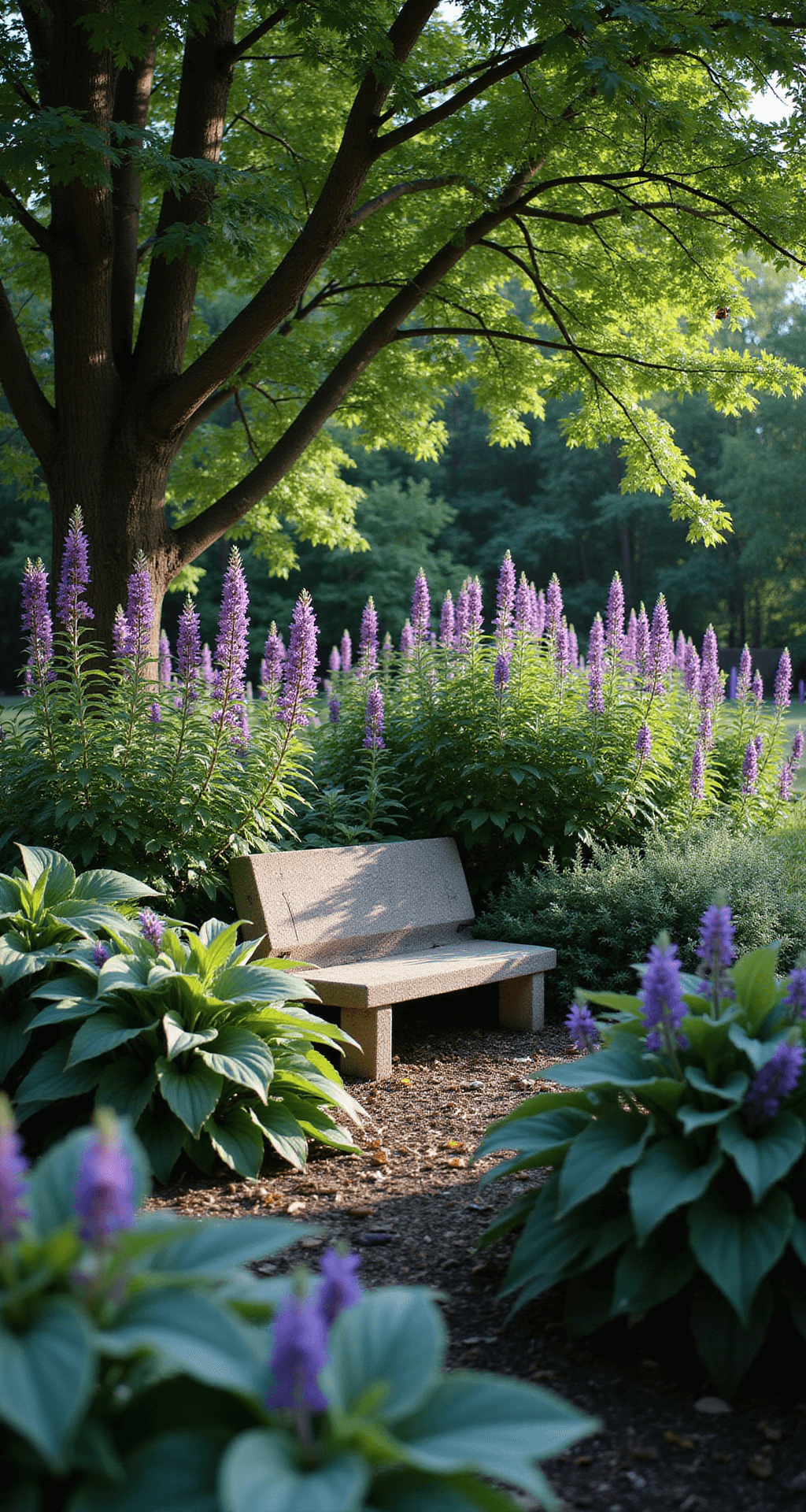 A tranquil corner of a front yard garden featuring lush hostas in green and blue, deep purple salvia spikes attracting hummingbirds and bees, and a rustic stone bench surrounded by dappled sunlight filtering through a tree canopy, all viewed at eye-level.