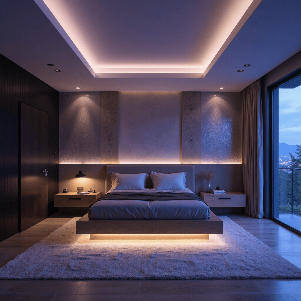 A modern minimalist bedroom at twilight with a 12ft tray ceiling featuring LED cove lighting that casts a soft purple-blue glow. The room contains a floating platform bed in bleached oak and a dramatic backlit headboard wall made of geometric wood panels. Metallic wallpaper reflects light, enhancing the ambiance. The image is captured straight-on from the doorway with a symmetrical composition, utilizing an ultra-wide lens to encompass the entire architectural context and multiple light temperatures.