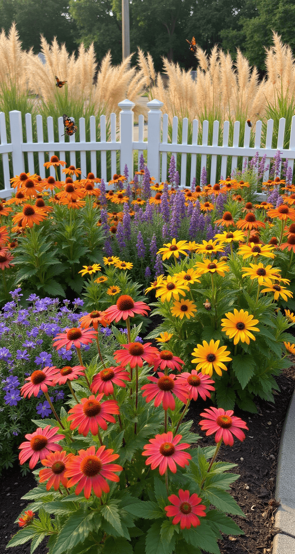 A vibrant butterfly garden in full bloom, featuring colorful red and orange coneflowers, yellow black-eyed susans, and purple liatris, framed by a white picket fence. Butterflies and bees are actively pollinating flowers under warm golden hour light, viewed from a slightly elevated angle.