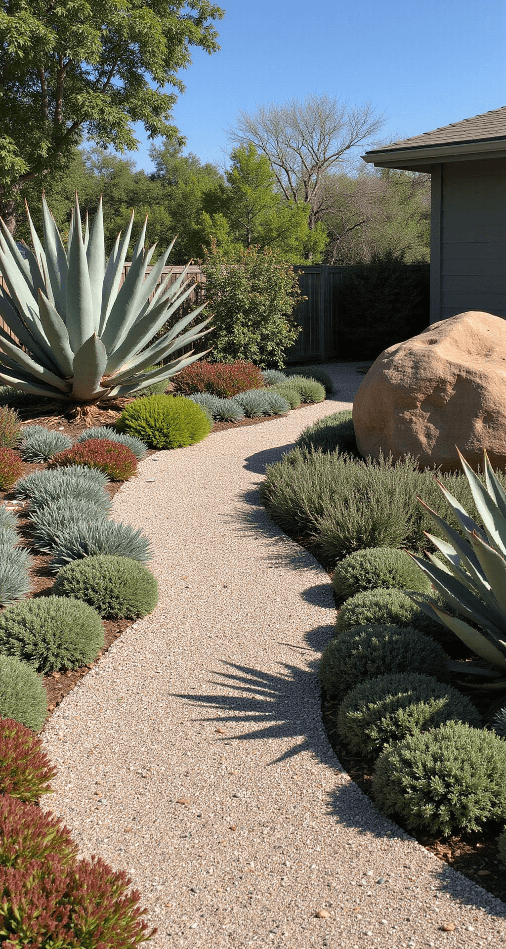 A drought-tolerant front yard garden with a winding gravel pathway, surrounded by silver-leaved plants like lavender and Russian sage, dramatic yucca plants, and low-growing sedums in green and red. A large boulder captures the midday sun, creating strong shadows and highlighting the textures of the plants in an arid yet serene setting.