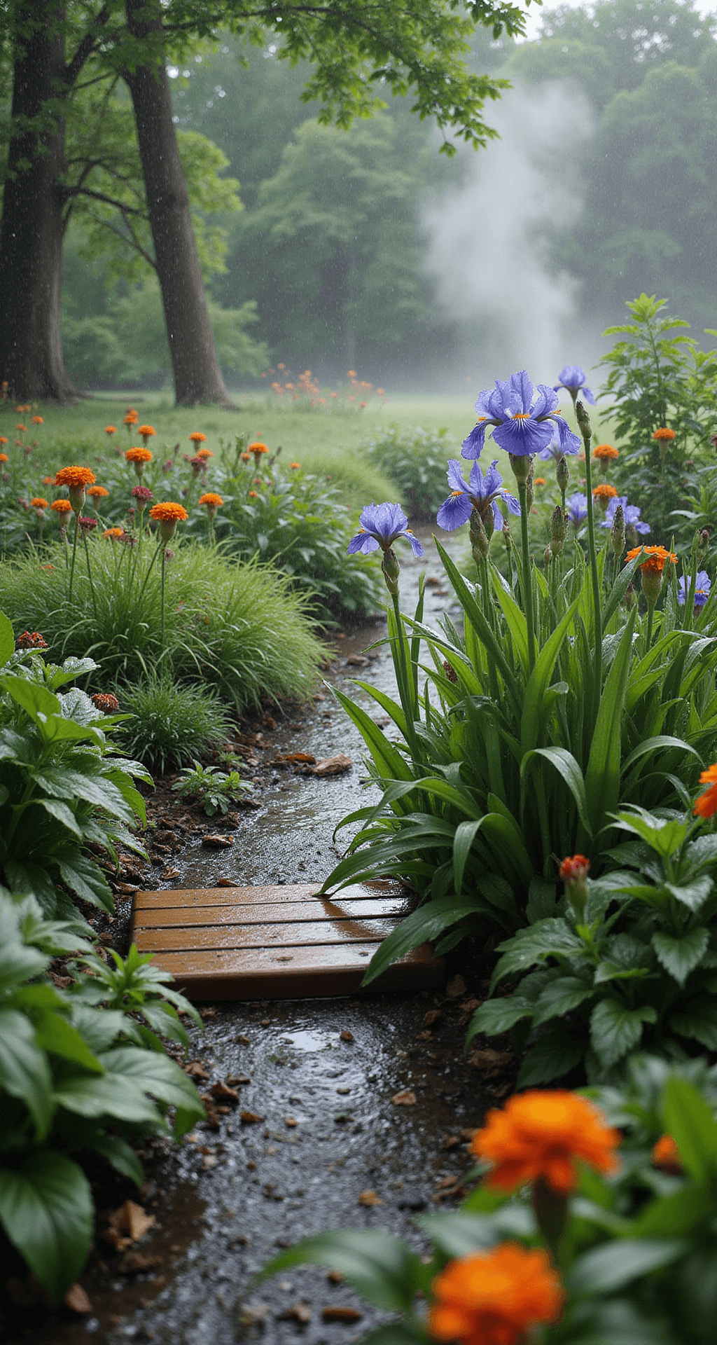 A close-up view of a rain garden after a light shower, featuring moisture-loving plants like Joe Pye weed, cardinal flower, and blue flag iris with sparkling water droplets. A small wooden bridge leads to a front door, while gentle mist rises from the damp soil under soft, diffused light.