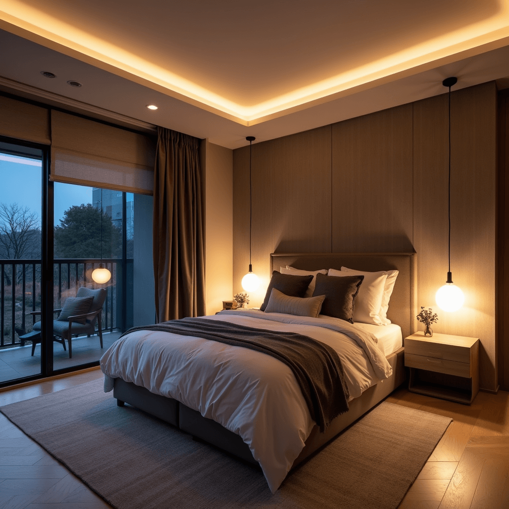 Contemporary primary bedroom at night featuring layered smart lighting with color-changing LED strips, automated roman shades, warm white pendant bedside lights, integrated closet lighting, and pale oak herringbone floors, shot from an elevated position to highlight technology integration.
