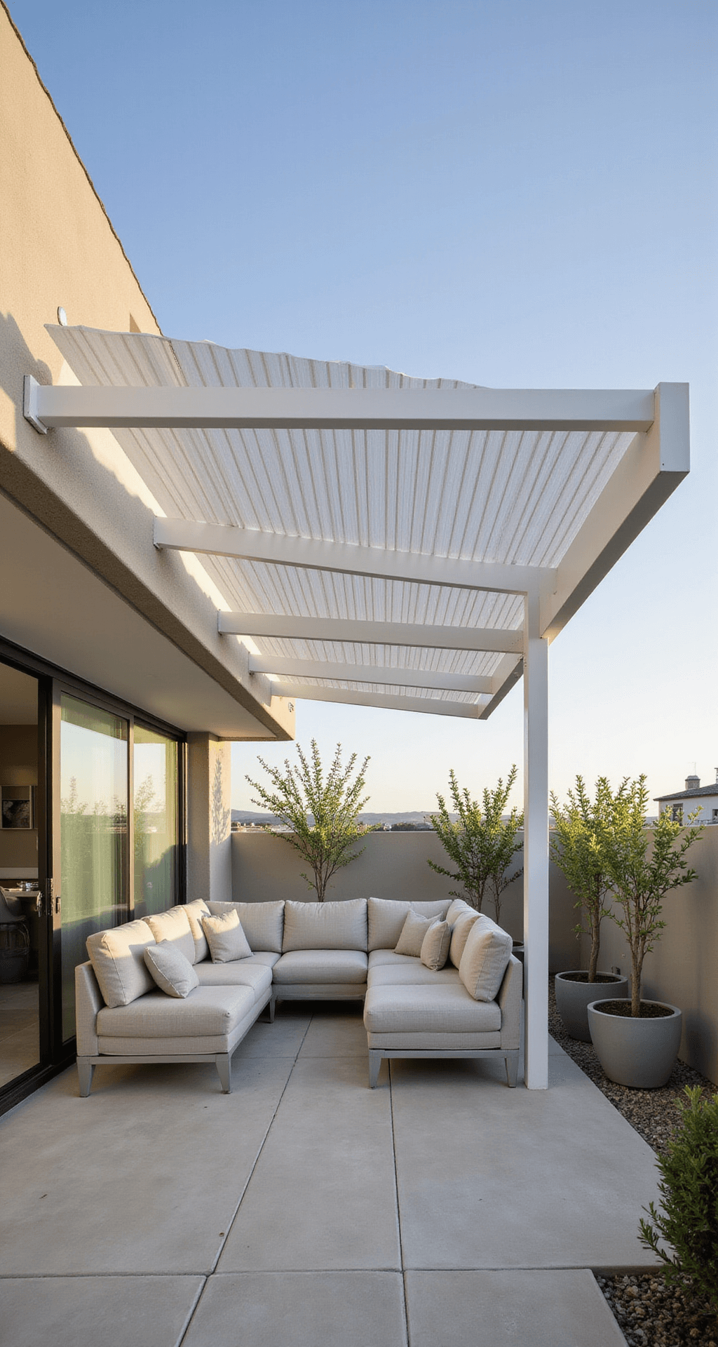 Innovative white motorized pergola with adjustable louvers casts dynamic light patterns over a modern sectional sofa in a neutral 16x20ft space with light limestone flooring, featuring an integrated misting system and potted olive trees framing the corners.