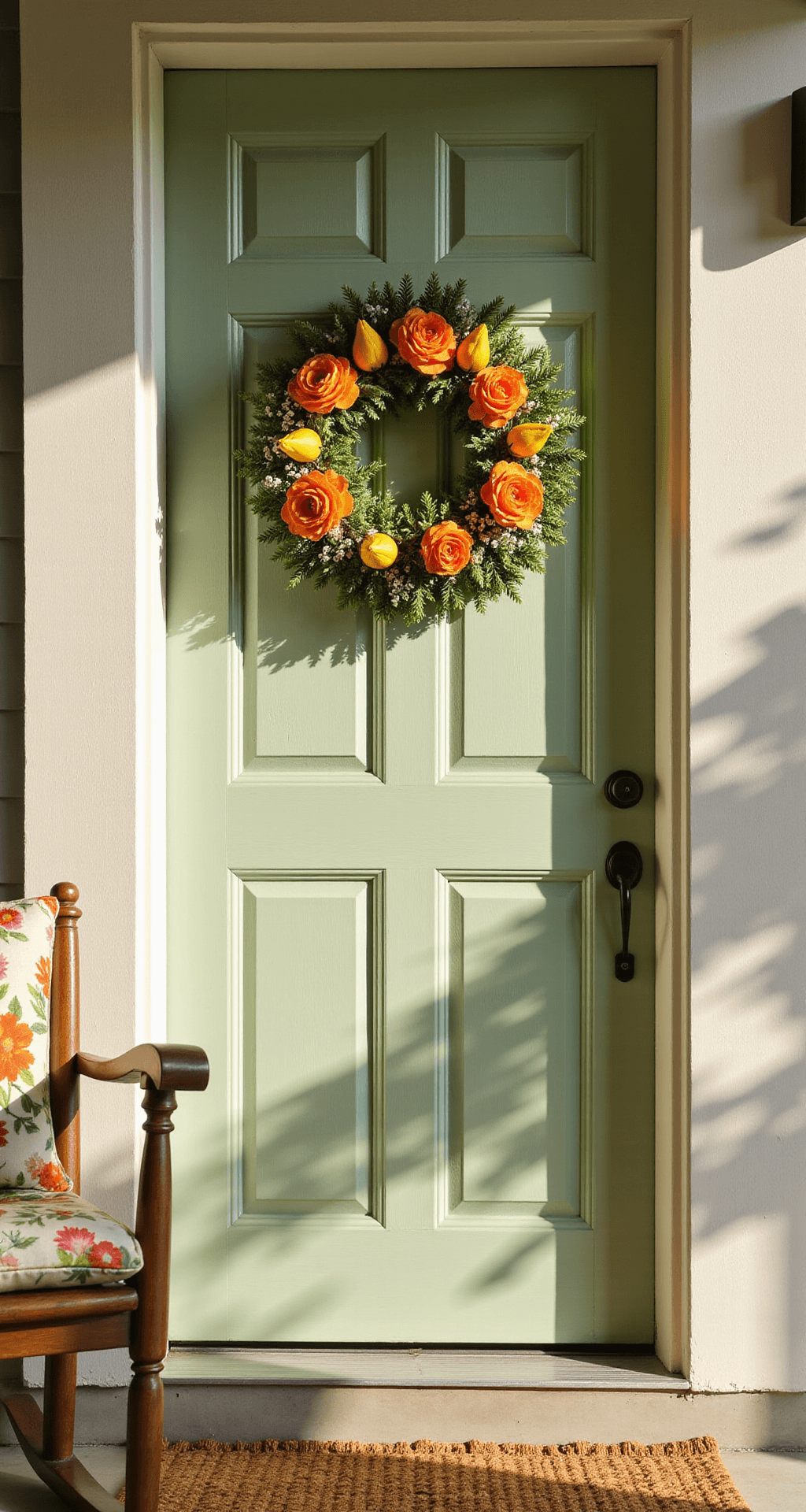 A sunlit front porch featuring a soft sage green wooden door adorned with a vibrant summer wreath of orange peonies, yellow tulips, and greenery, complemented by a rocking chair with a floral cushion, all illuminated by golden hour light.
