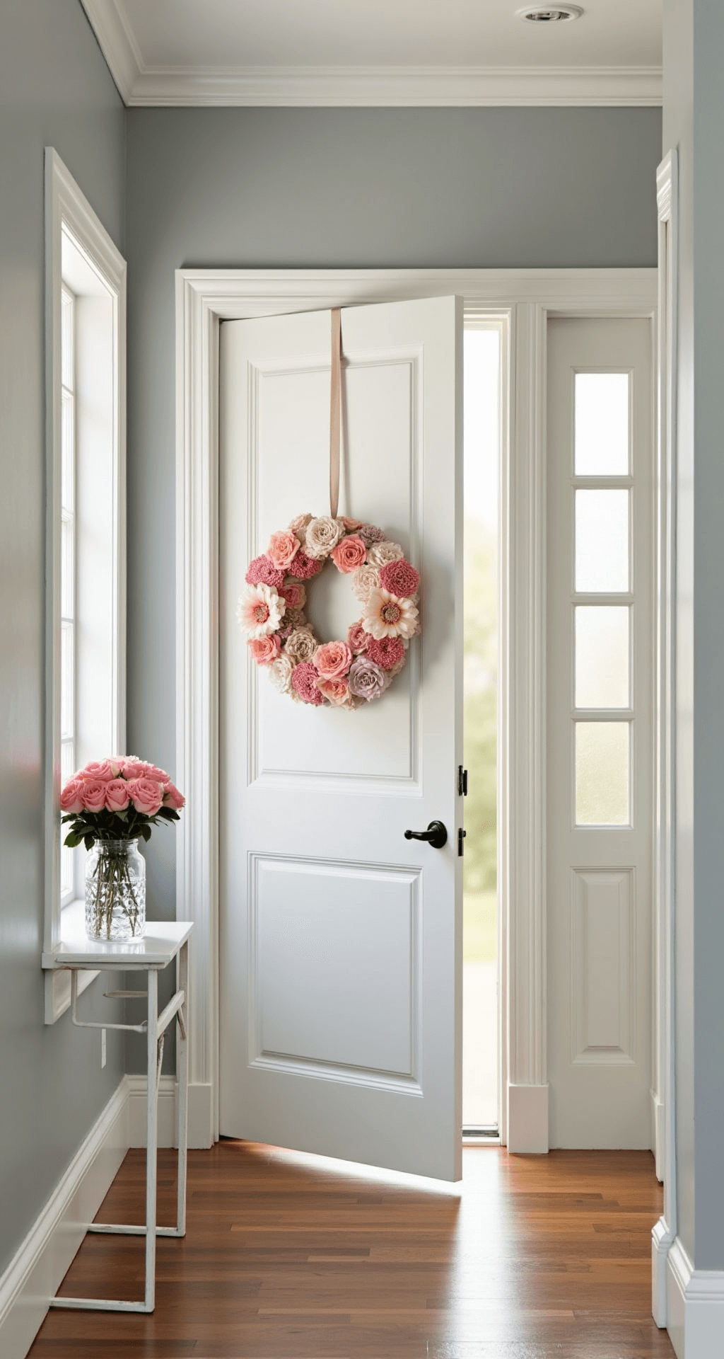 Interior hallway with soft morning light illuminating a white front door adorned with a silk flower wreath in shades of pink. A small entryway table below features a crystal vase of fresh pink roses, complemented by pale gray walls and natural hardwood flooring.