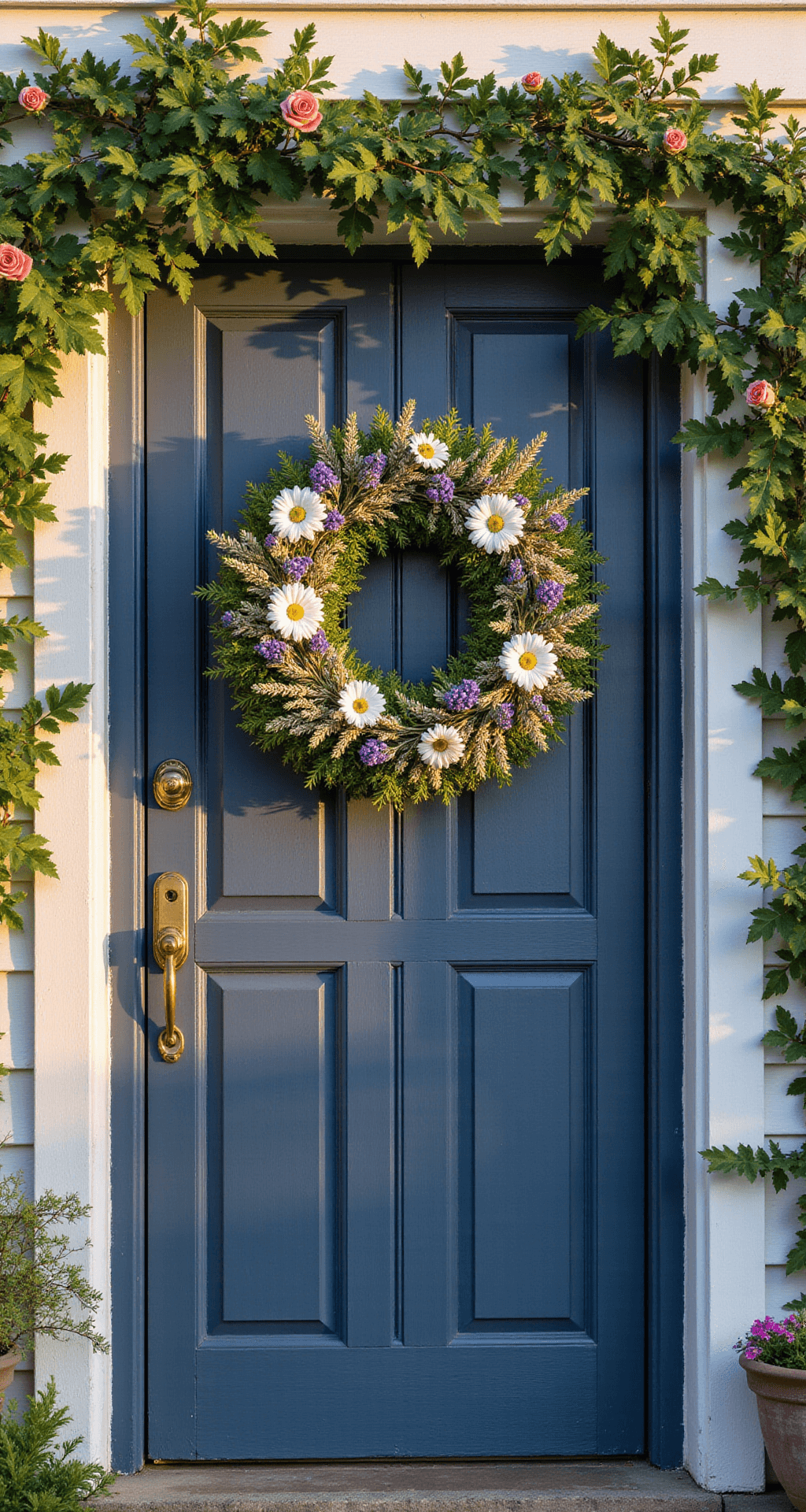 A rustic farmhouse exterior at dusk features a weathered navy blue barn-style door adorned with a large, asymmetrical 'Meadow Magic' wreath of lavender, white chrysanthemums, and colorful faux wildflowers, framed by climbing roses; golden hour sunlight enhances the textures and casts long shadows.