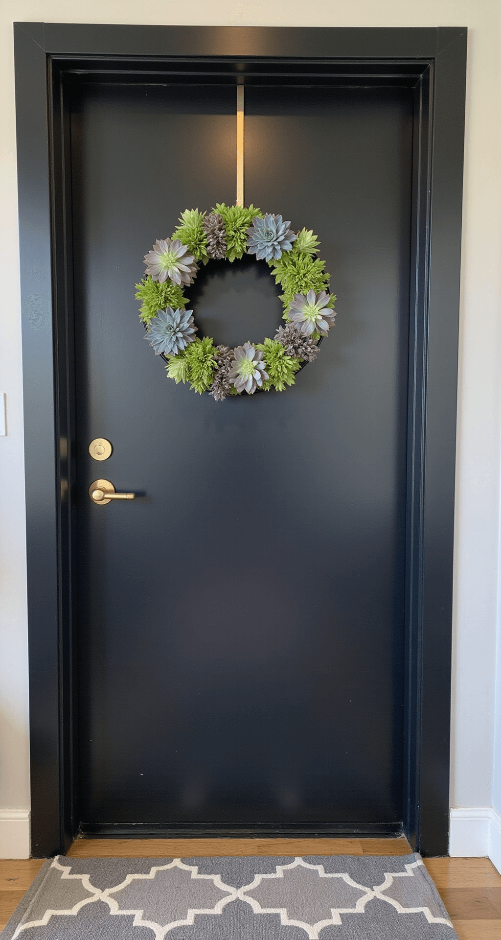 Modern apartment entryway featuring a sleek matte black door adorned with a 'Succulent Chic' wreath made from vibrant artificial succulents, complemented by brushed gold hardware and a geometric gray and white rug.