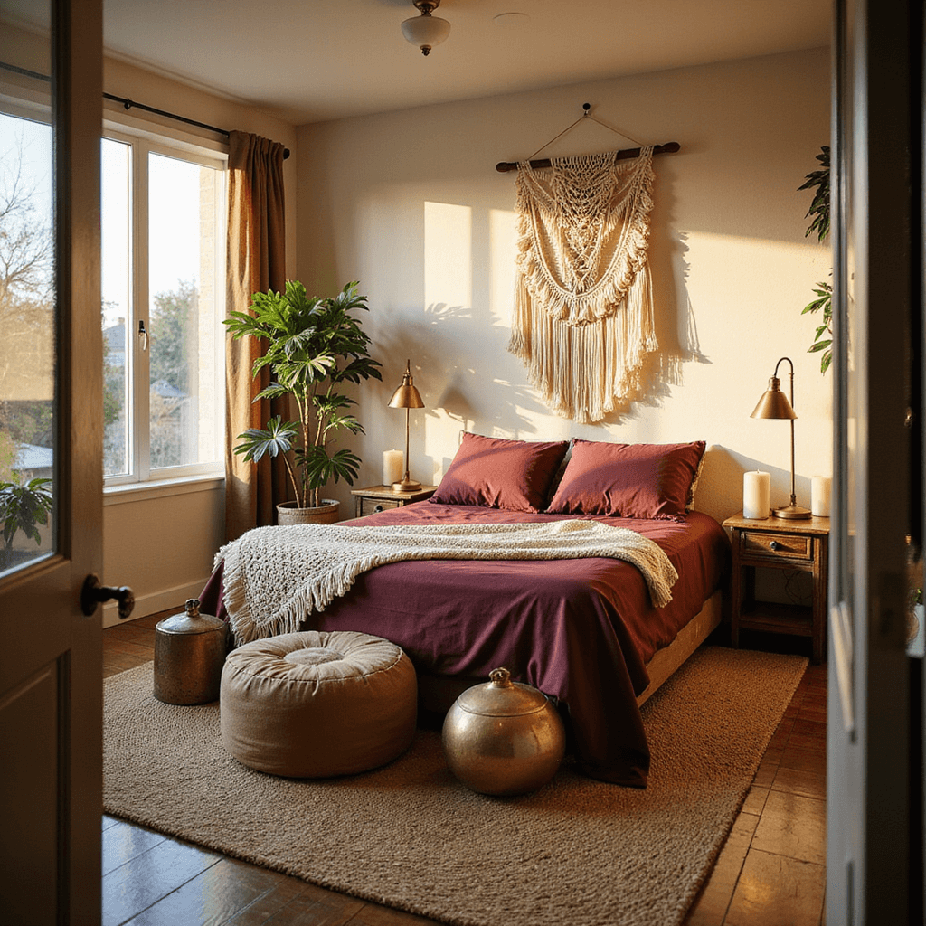 A serene, bohemian master bedroom featuring a low-profile platform bed with burgundy silk sheets and a cream chunky knit throw, surrounded by vintage brass lamps, Moroccan poufs, and ivory candles, all illuminated by golden hour sunlight through floor-to-ceiling windows.