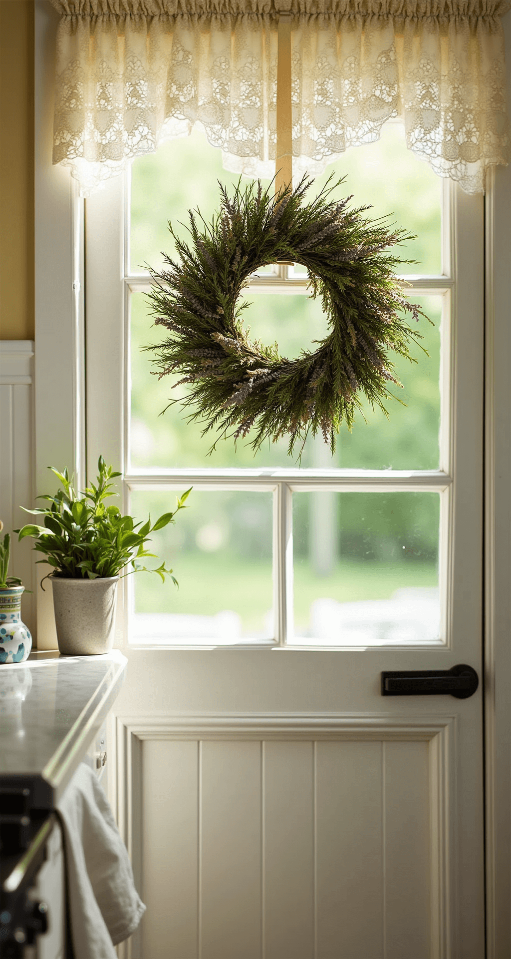 Cozy cottage kitchen with a white Dutch door open to a garden, sunlight filtering through lace curtains. A 'Herb Heaven' wreath hangs on the door, adorned with dried rosemary, thyme, sage, and lavender. A small potted herb garden sits on the windowsill, complementing the wreath's earthy colors.
