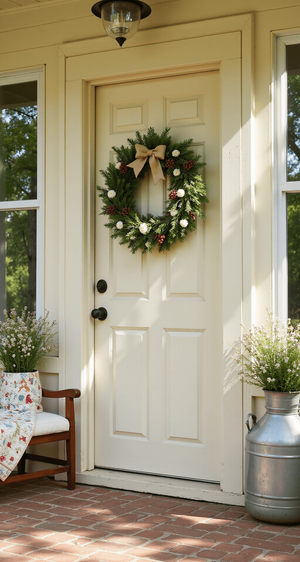 A charming country porch in mid-afternoon light features a warm cream 36-inch door adorned with a 'Farmhouse Fabulous' wreath, surrounded by vintage milk cans filled with wildflowers, and a wooden bench with a quilt, all illuminated by dappled sunlight filtering through trees.