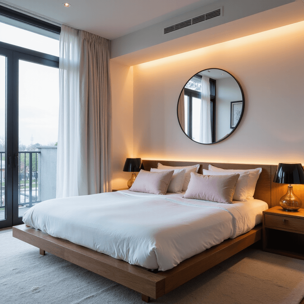 A modern minimalist bedroom featuring a king bed with a floating walnut frame and cloud-white linen, illuminated by dusk light through sheer white curtains. Blush pink silk pillows and matching walnut nightstands with smoked glass lamps create an intimate atmosphere. A large round mirror reflects warm LED strip lighting, and a pale grey wool carpet adds softness. The composition is captured at bed-level height with a focus on architectural details.