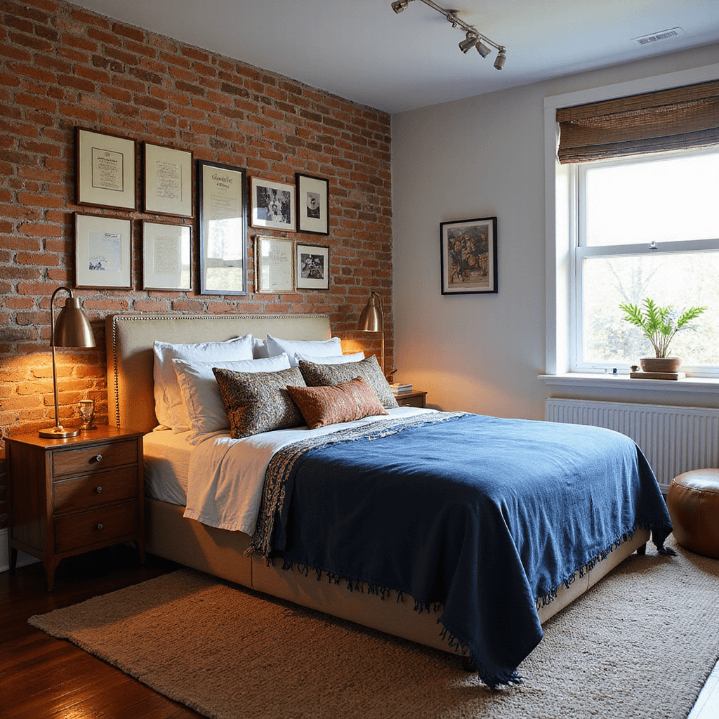 A cozy corner bedroom featuring an exposed brick accent wall, a California king bed dressed in an indigo mudcloth duvet and eclectic global textiles, layered with a vintage Persian rug over sisal. A gallery wall displays framed love letters and travel photos, complemented by a brass floor lamp, a hanging rattan chair, and a leather pouf, all illuminated by a mix of natural and warm-toned artificial light, with a focus on rich textures.