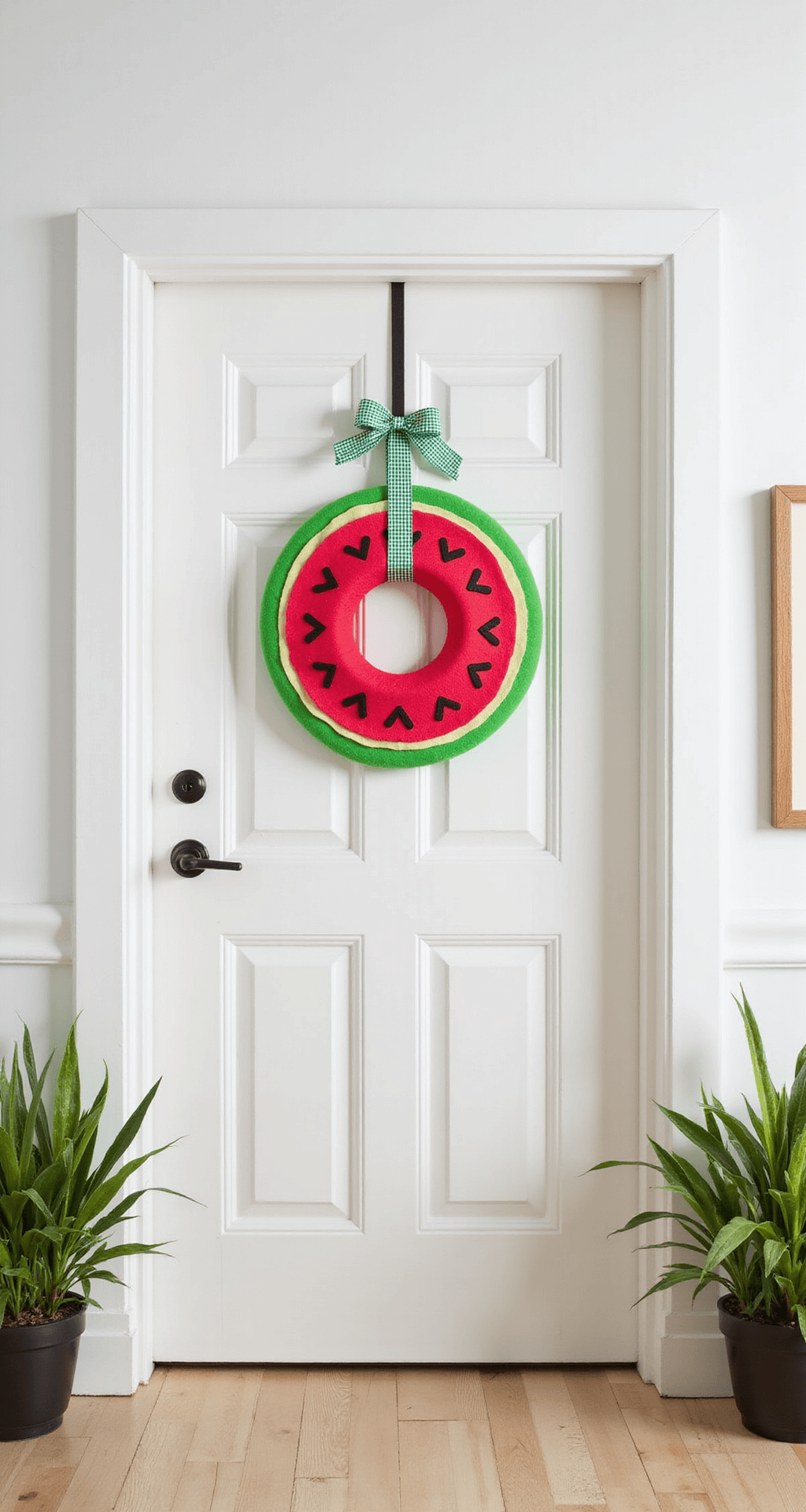 Bright modern entryway featuring a white door adorned with a playful watermelon-inspired foam wreath, surrounded by potted plants, under even indoor lighting, evoking a fun and whimsical atmosphere.