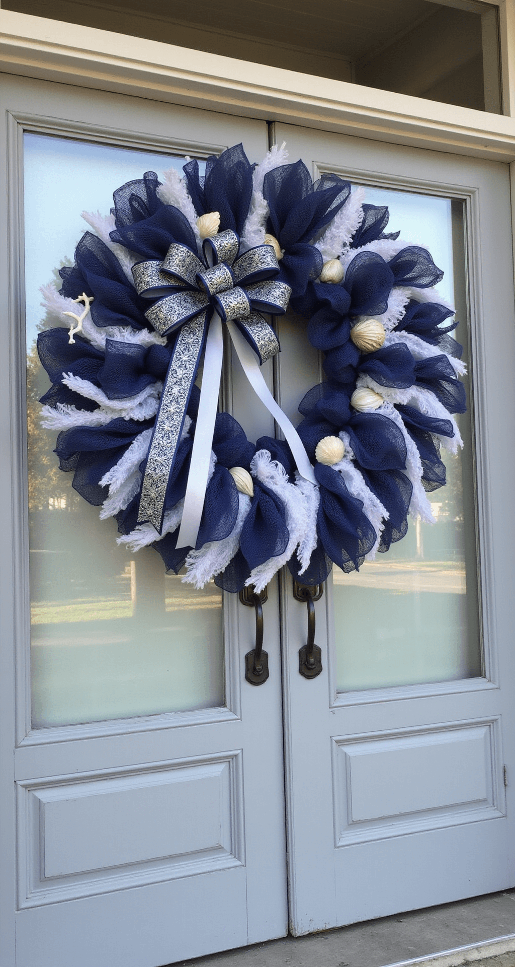 A coastal-style home entrance featuring a grand double-door with a large 36-inch navy blue and white deco mesh wreath, adorned with a layered bow and seashell accents, set against soft gray doors in the warm light of early evening.