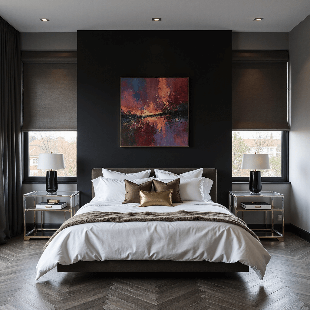 A luxurious contemporary suite featuring a black accent wall behind a floating king platform bed with white silk bedding, faux fur throws, and metallic accent pillows. The room has floor-to-ceiling windows with automated blackout shades, Lucite side tables with mercury glass lamps, and an abstract canvas in rich jewel tones. Grey oak herringbone floors complement the dramatic uplighting and soft ambient sources, captured from an elevated position for a full room layout in high clarity.