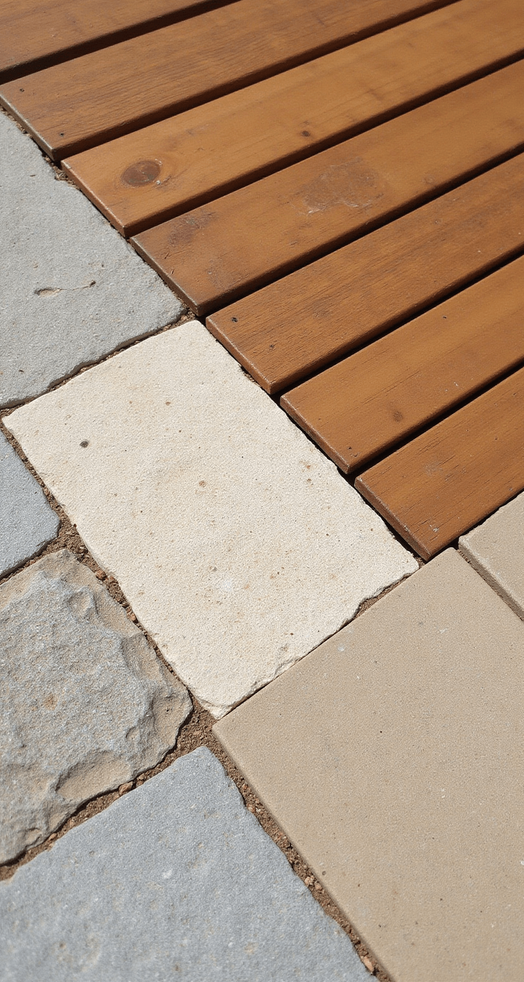 Close-up image of multi-textured patio surfaces featuring honey-toned Ipe decking transitioning to tumbled travertine pavers, showcasing rich browns, creamy whites, and gray accents under morning light, with defined seating areas emphasizing texture variations.