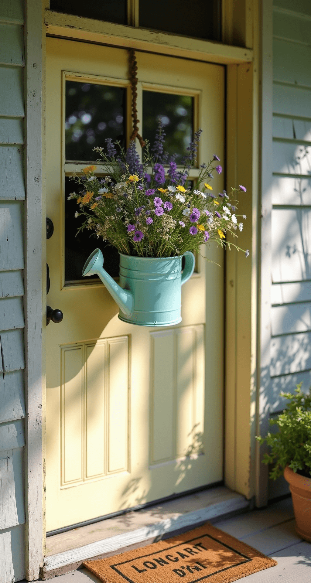 A charming cottage front porch featuring a pale yellow door adorned with a vintage mint green watering can overflowing with wildflowers, surrounded by weathered wood planks, a worn welcome mat, and a potted lavender, all illuminated by bright midday sun filtering through nearby trees.