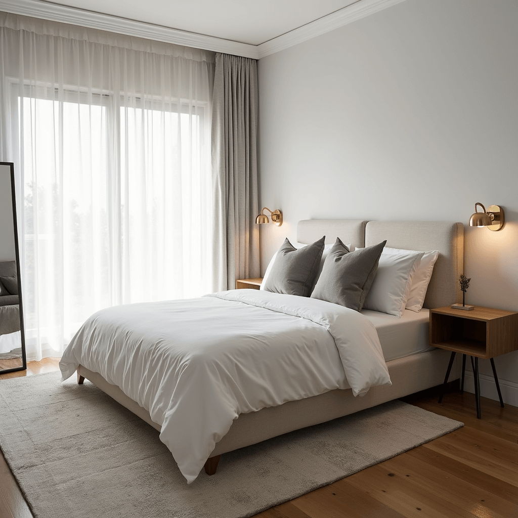 A cozy 10x12 bedroom flooded with morning light, featuring a queen bed with white linens and grey pillows, slim floating nightstands, modern brass wall sconces, and a large brass-framed mirror, all set in a neutral palette of white, grey, and warm wood.