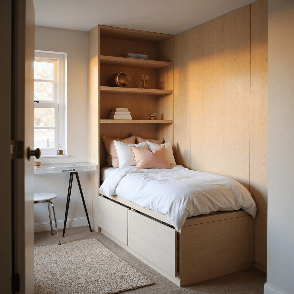 An intimate 9x10 bedroom featuring a diagonal twin bed with built-in storage, adorned with a cloud-white duvet and blush pink accents, paired with vertical pale oak floating shelves. A petite acrylic desk with hairpin legs is positioned in the opposite corner, all illuminated by warm golden hour light that highlights the textures of the textiles.