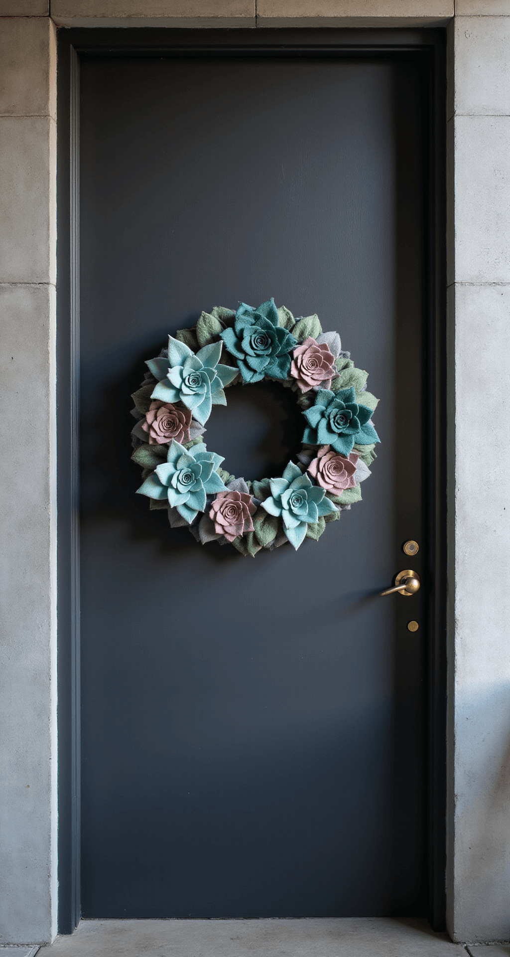 Close-up of a modern felt succulent wreath in deep teal, pale sage, dusty rose, and lavender hanging on a matte black door with a slim brass handle, set against minimalist concrete walls, under cool studio lighting.