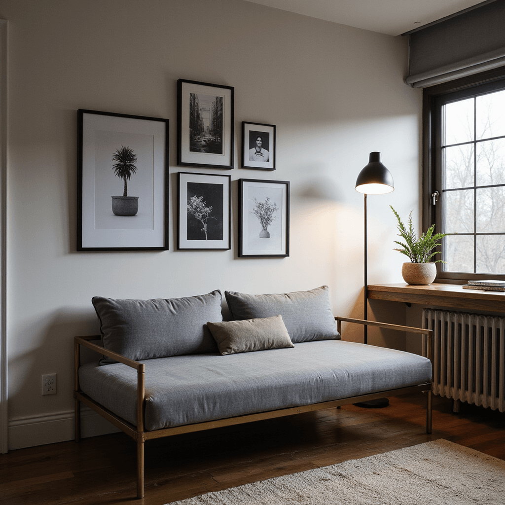 A sophisticated grey daybed with a brass frame in a dusk-lit studio bedroom, featuring a gallery wall of black and white prints above and a walnut console table serving as a workspace, captured from a low angle to emphasize ceiling height with moody ambient lighting and deep shadows.