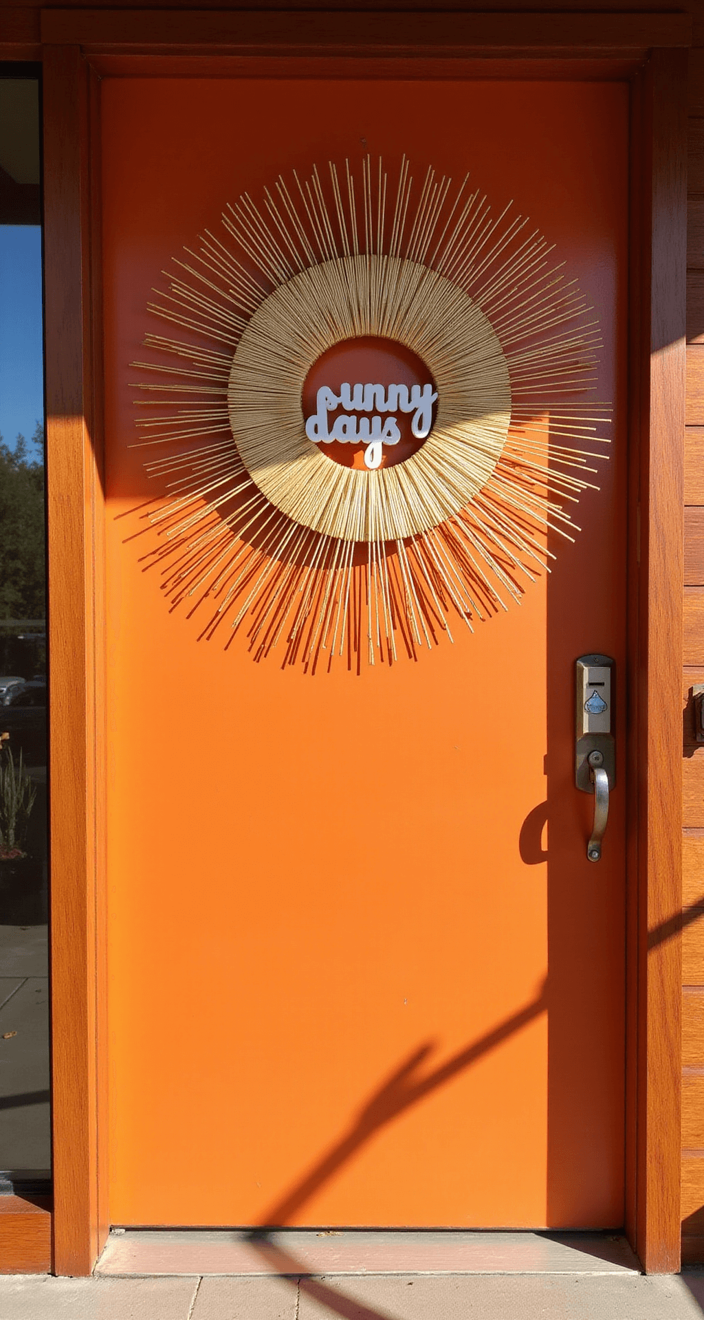 A mid-century modern home features a warm wooden exterior and a bright orange front door adorned with a 24-inch geometric sunburst wreath made of gold-painted cocktail straws. The wreath, featuring the phrase 'sunny days' in white acrylic letters, casts intricate shadows on the door under harsh midday sunlight, creating a bold and artistic retro-inspired scene.