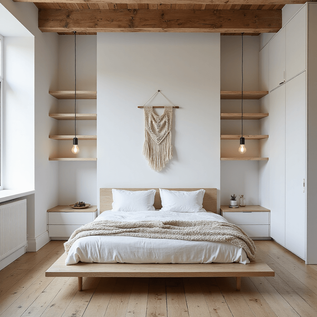 A minimalist 8x11 bedroom featuring a central bleached oak platform bed, pendant lights, and concealed storage in built-ins, complemented by a chunky knit throw and a handwoven wall hanging, captured in bright diffused midday light.