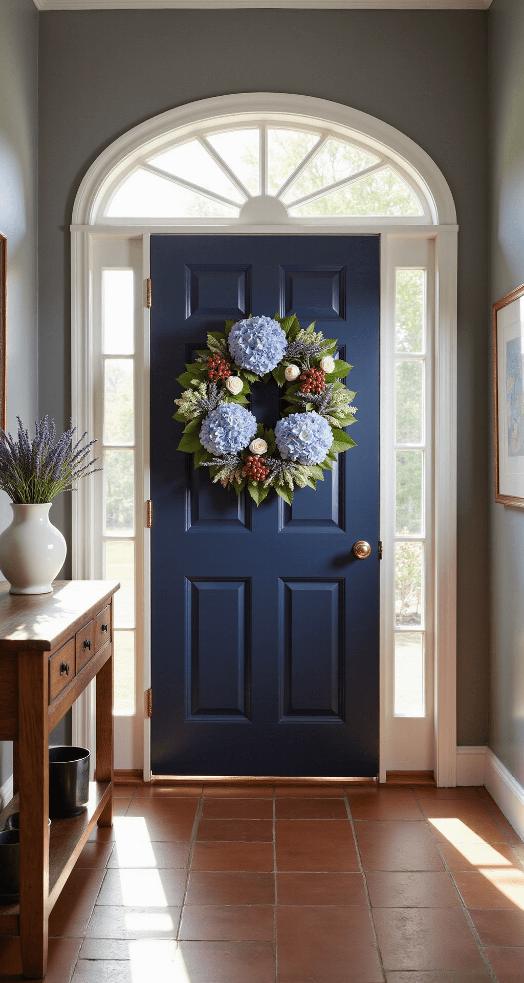 A sunlit entryway featuring a large arched doorway with a navy blue door adorned with a hydrangea wreath made of blue and white flowers, purple heather, and red berries, alongside a weathered oak console table with a white vase of lavender, against warm terracotta tiles and cool gray walls.