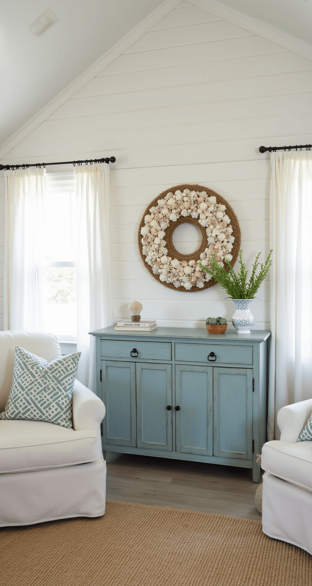 A cozy beach cottage living room with white shiplap walls, vaulted ceilings, early morning light filtering through white curtains, featuring a seashell wreath above a distressed teal sideboard, overstuffed linen sofas, and a natural fiber rug on weathered wood floors.