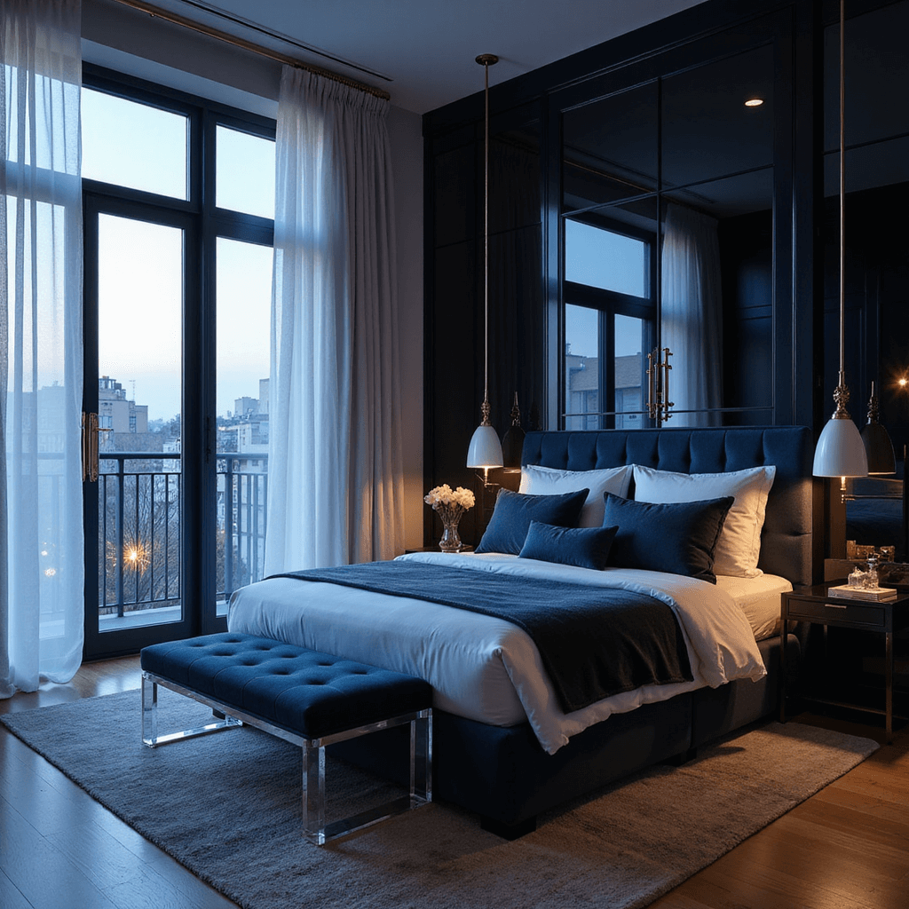 A sophisticated small bedroom at blue hour featuring a queen bed with a deep navy velvet upholstered headboard, floor-to-ceiling windows with gauzy white drapes, mirrored wardrobes with brass handles, and a lucite bench at the foot of the bed, all illuminated by dramatic side lighting.
