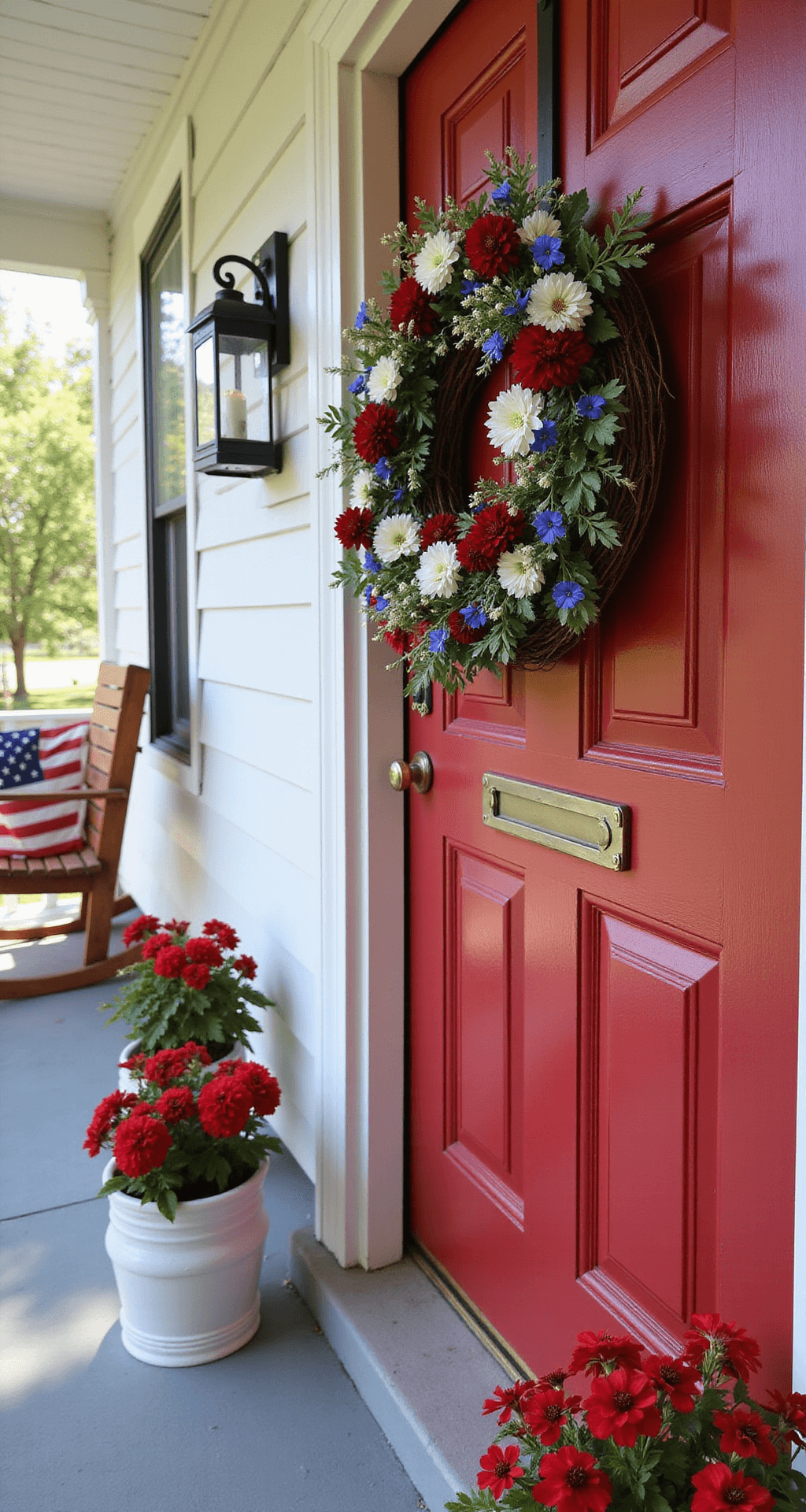 A sunny patriotic front porch featuring white columns, a wooden swing, and a glossy red door adorned with a vibrant wreath of red astilbe, white star-shaped flowers, and blue delphiniums, complemented by a draped vintage American flag and red geraniums in white planters.
