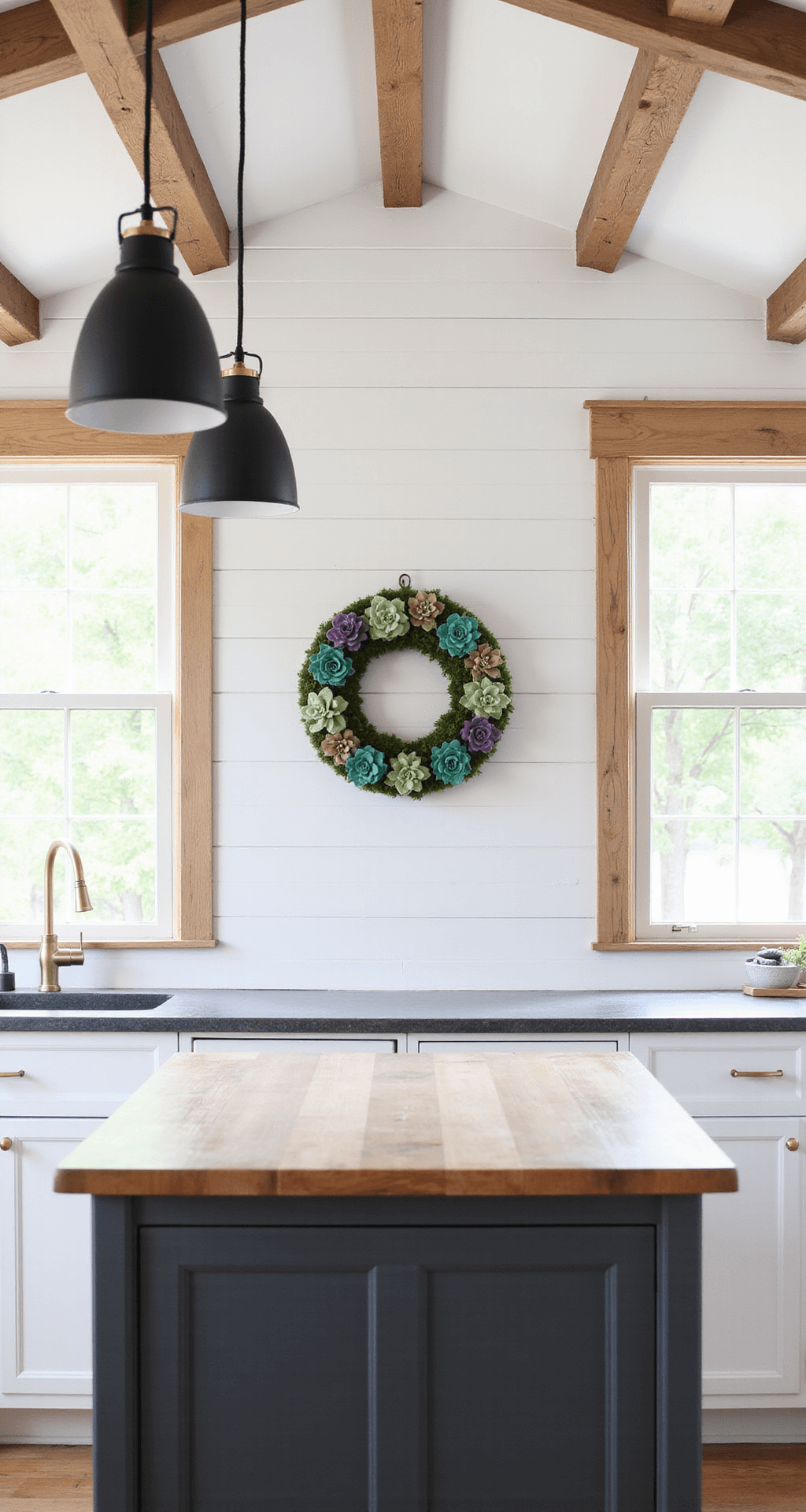 A modern farmhouse kitchen featuring a vaulted ceiling and exposed wooden beams, with sunlight streaming through large windows. A 20