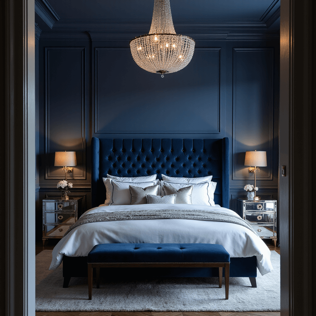 A cozy primary bedroom with navy walls, featuring a king-size velvet channel-tufted bed dressed in white and silver bedding, illuminated by a crystal chandelier and warm LED sconces, captured from a low-angle doorway view.