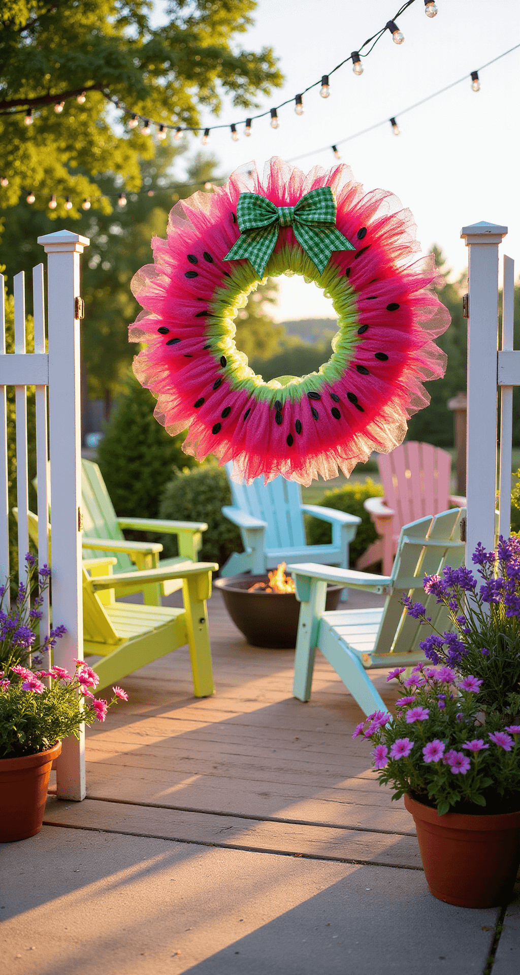 A cheerful backyard patio surrounded by a white picket fence, featuring a vibrant watermelon-inspired wreath on the garden gate, pastel Adirondack chairs around a fire pit, string lights overhead, and colorful potted plants, all illuminated by the warm golden hour light.