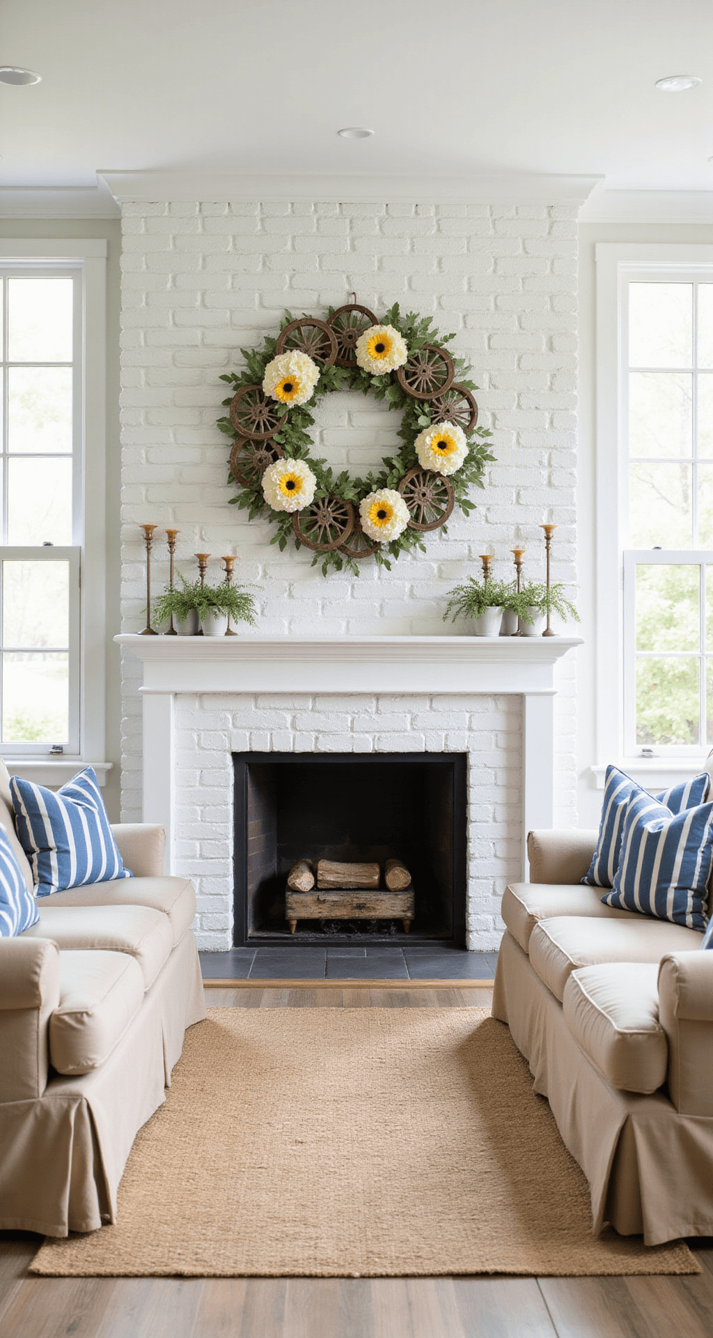 A bright coastal-inspired sunroom featuring floor-to-ceiling windows, filled with soft morning light. The focal point is a whitewashed brick fireplace adorned with a 28
