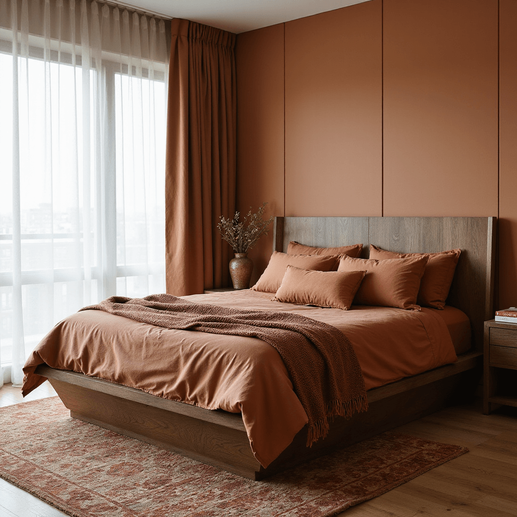 Bright corner bedroom with warm caramel walls, contemporary walnut platform bed dressed in rust linens, geometric earth-toned carpet, and sheer linen drapes, showcasing natural materials and modern design in a minimalist aesthetic.