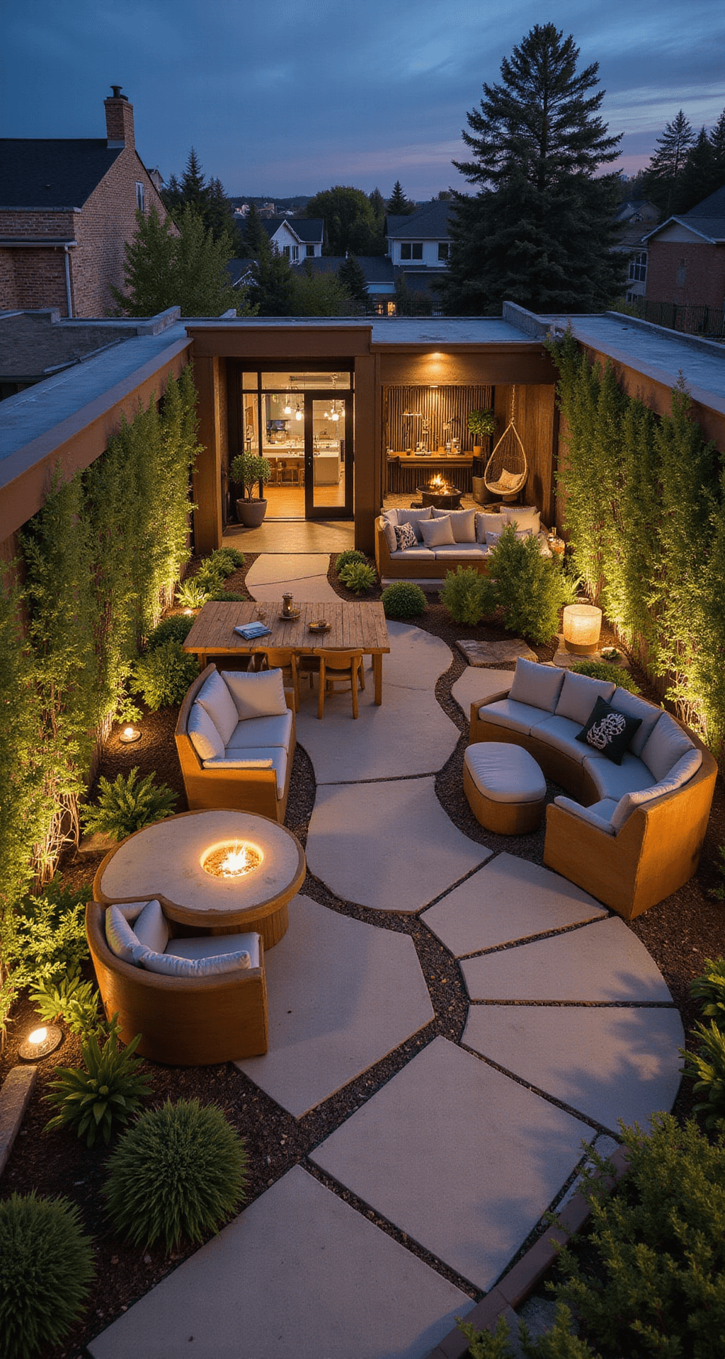 Evening view of a zoned entertainment space, featuring a teak dining table, modular lounge seating, and a meditation corner with a hanging chair, surrounded by vertical garden walls. Ambient copper and silver lighting highlights traffic flow through the distinct areas, captured from an elevated perspective.