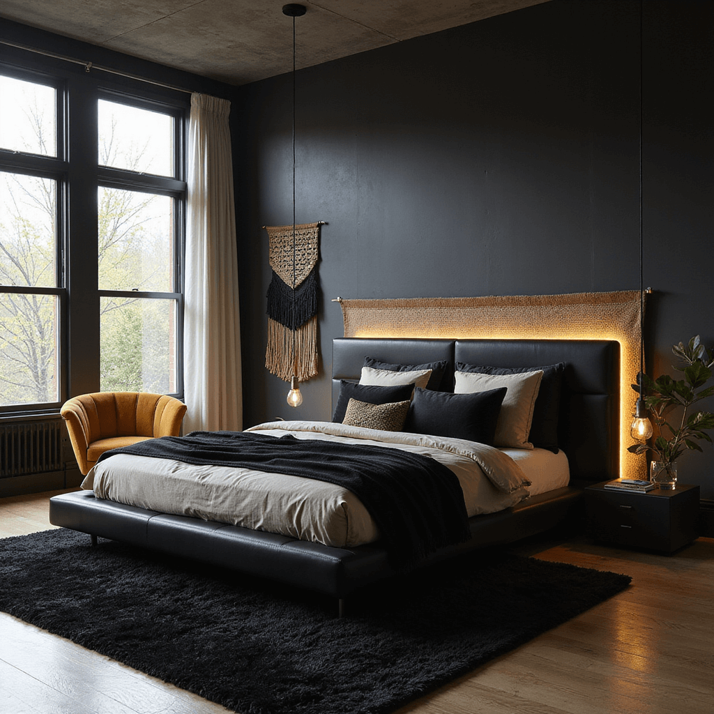A contemporary bedroom featuring charcoal black walls, a low-profile black leather platform bed with black velvet and cream silk bedding, brushed bronze pendant lights, and a mustard yellow accent chair, all illuminated by early morning light through floor-to-ceiling windows. A thick black wool rug and woven wall tapestry add texture to the space.