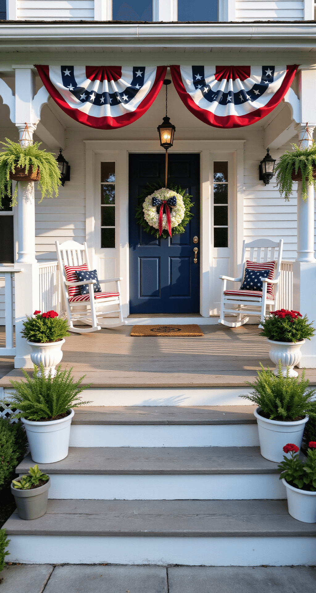 A charming front porch featuring white clapboard siding, a gabled roof, and a weathered wooden floor, complete with a classic white swing adorned with striped cushions, a navy blue door with an oversized American flag bow, rocking chairs with mini flags, bunting along the railing, hanging ferns, and red geraniums in white planters, all bathed in soft morning light.