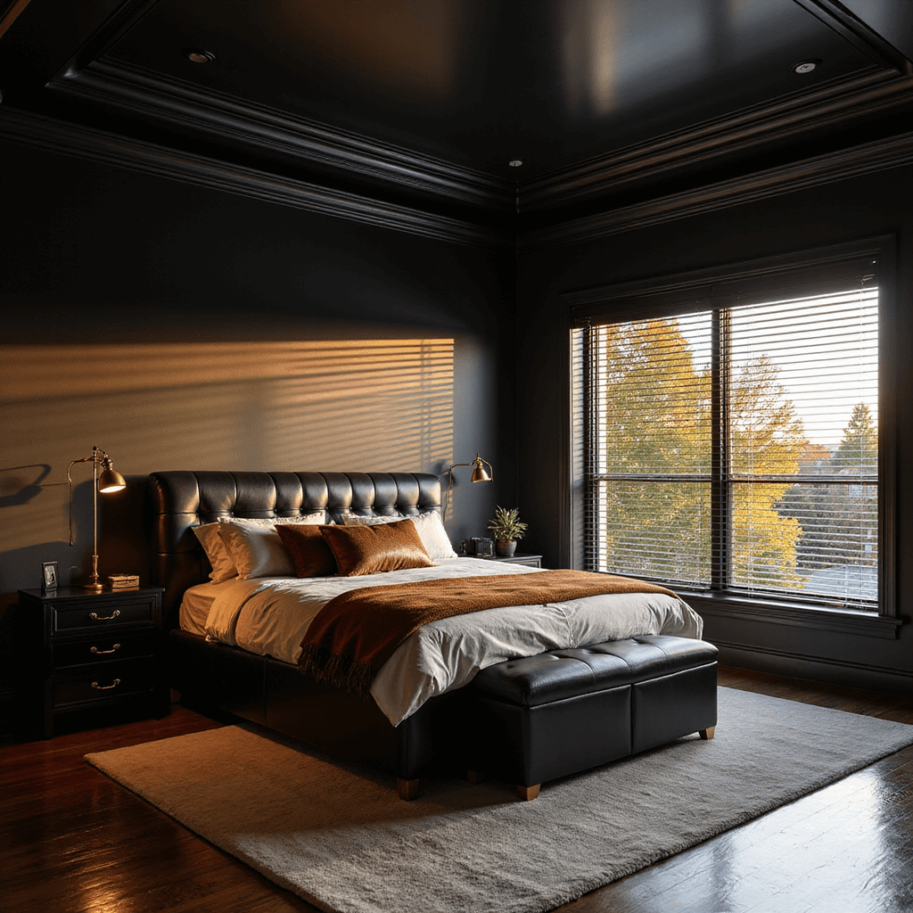 An elegant master bedroom at golden hour featuring dramatic matte black walls and a glossy black ceiling. A king-sized bed with a channel-tufted black leather headboard is adorned with terra-cotta and metallic bronze accent pillows. Black nightstands with brass hardware flank the bed, and a vintage brass floor lamp casts warm light. Black venetian blinds filter the sunset, creating striking shadows. The wide-angle view captures the room's architectural details and height in an intimate atmosphere.