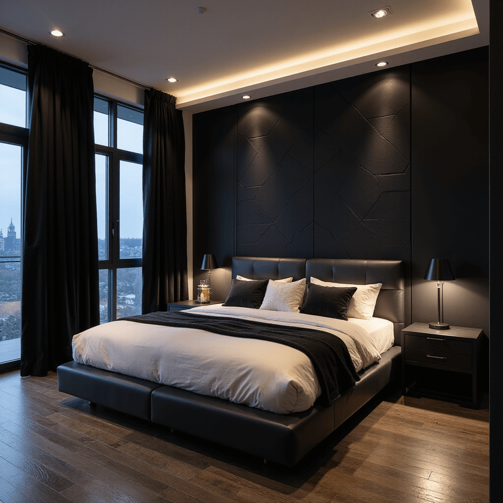 Modern bedroom at twilight with a black accent wall, velvet drapes, platform bed, and layered lighting; a moody atmosphere highlights textures and clean lines.