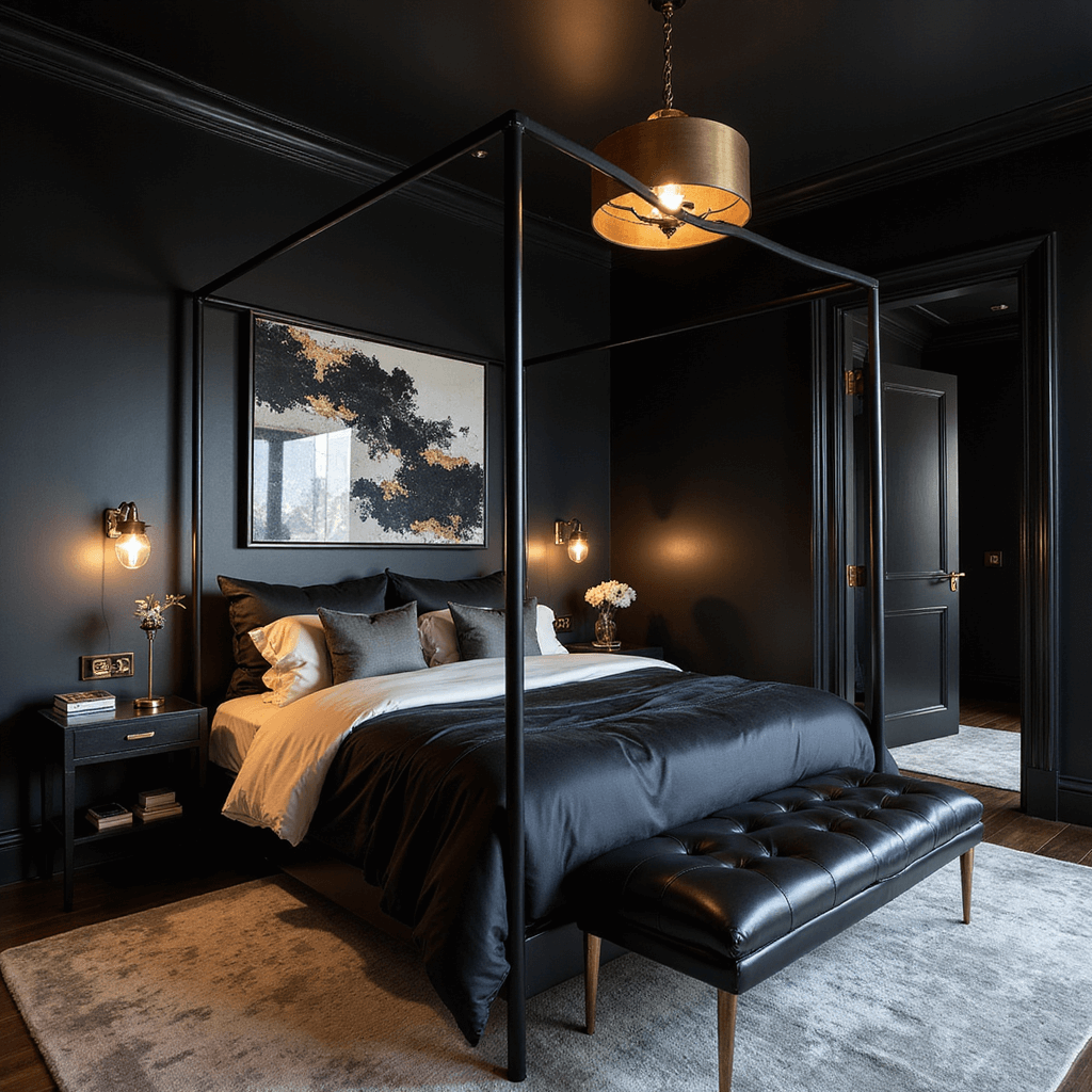 Boutique hotel-inspired bedroom featuring high-gloss black walls, a minimalist black metal four-poster bed with luxurious silk bedding, abstract art, and a black leather bench, captured at dusk with dramatic lighting and reflective surfaces.